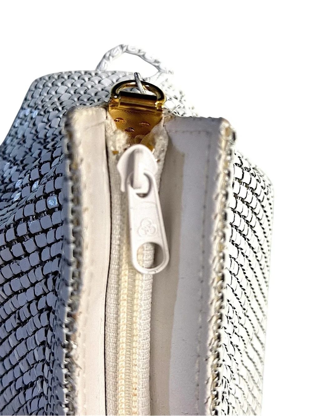 Bags by Marlo 80s Glam White Metal Mesh Oversized Clutch Evening Bag Chain Strap
